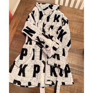 Victoria’s Secret PINK Hooded Robe XS/S Gray Black Logo Belted Plush Cozy